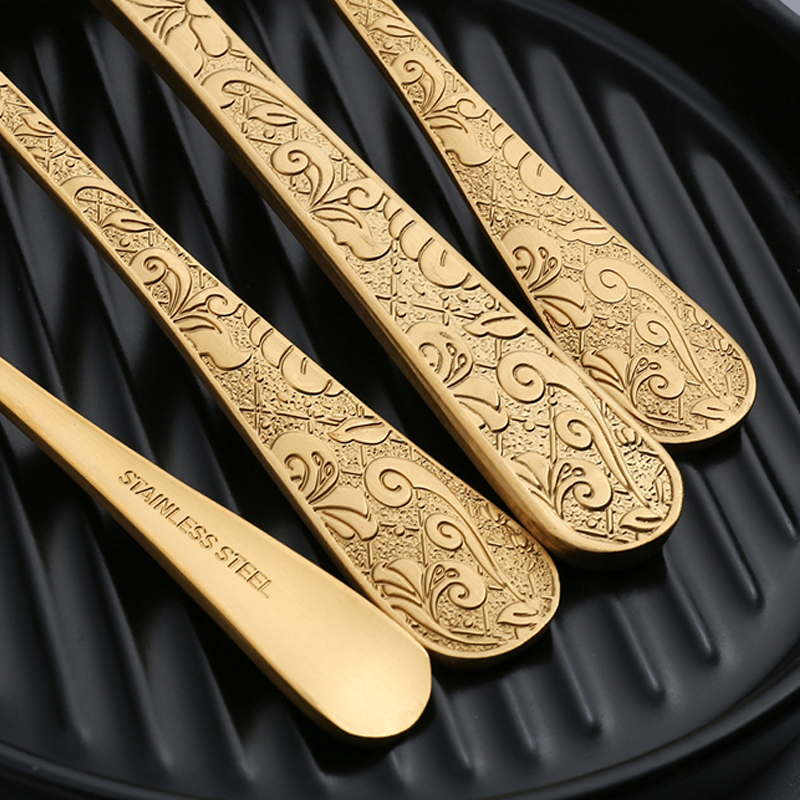 5 Pcs Spoon Fork Knife Set Stainless Steel Flatware Gold Plated Cutlery with Flower Handle