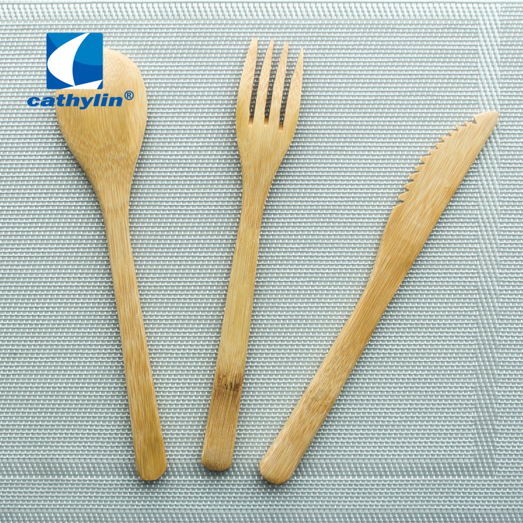 Cathylin 3pcs fork knife spoon flatware pouch reusable portable camping travel wooden cutlery set