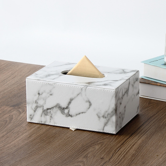 Pu Leather Napkin Paper Holder Storage Tissue Box With Marble Pattern