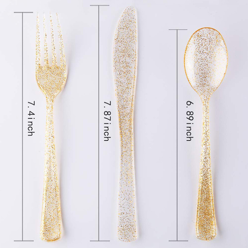 Disposable Flatware Silverware Glitter Gold Plastic Spoons Forks Plates And Knives Cutlery Set for Wedding Party Events
