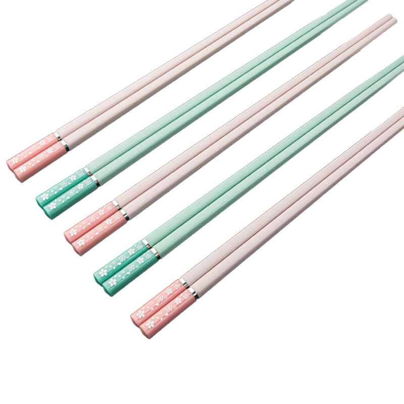 Green Pink Color Cherry Blossom Pattern Printed Matte PET Fiberglass Chopsticks Set of 5 Pairs for Eating Sushi Noodles