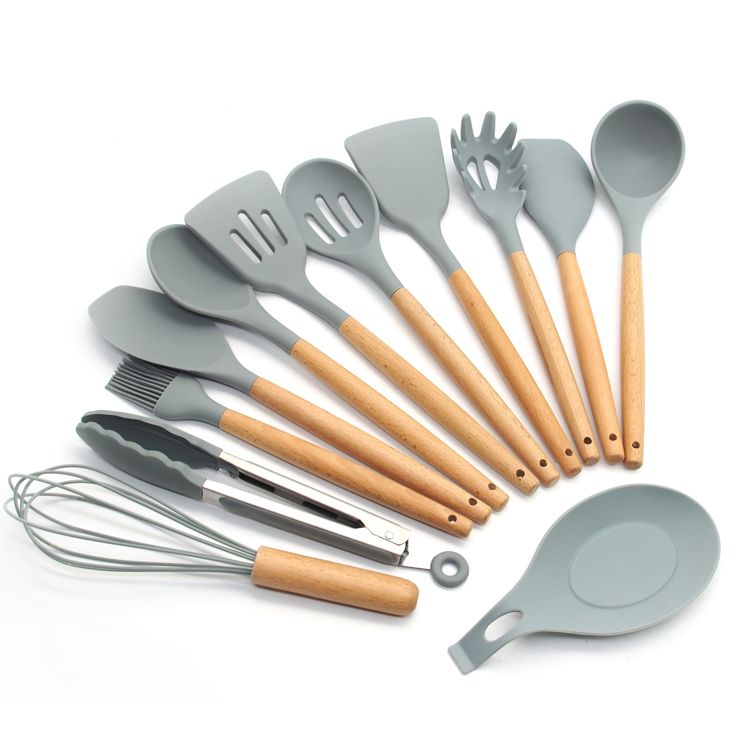 Beech Wood Silicone Cooking Spoon Set with Wooden Handle for Kitchen