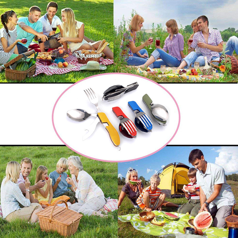 Stainless Steel Foldable Collapsable Camping Outdoor Travel Folding Spork Bottle Can Opener