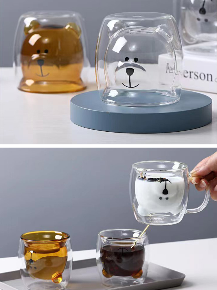 Wholesale Cute Cartoon Animal Bear Shape 250ml Double Wall Clear Borosilicate Glass Coffee Cup for Drinking