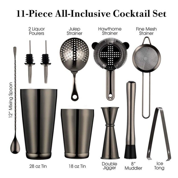 11 Pcs Kit Stainless Steel Boston Cocktail Shaker Set with Accessories
