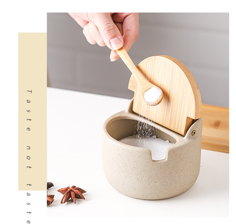 Japanese Style Kitchen Food Porcelain Storage Bottles & Jar Sets With Seal Bamboo Lid Wood Seasoning Pot Ceramic Spice Jar