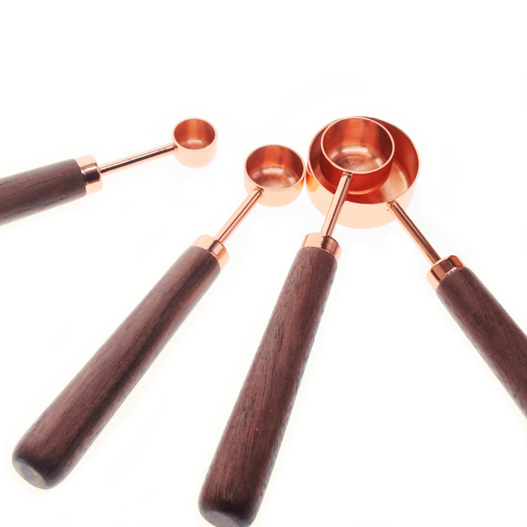 Stainless Steel Scoop Brass Copper Rose Gold Measuring Cup Spoon Set with Wooden Handle