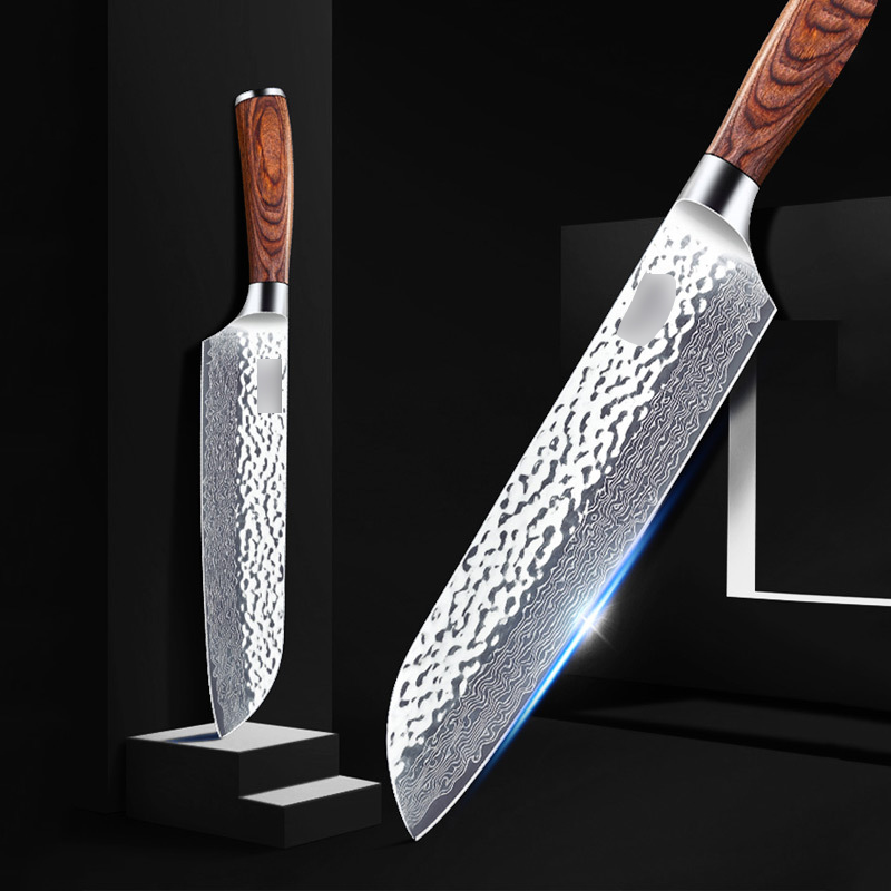 Brown wood handle stand blank blade damascus stainless steel steak chef knife set for home and kitchen