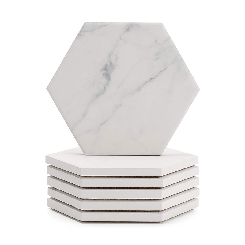 Non Slip Sublimation Hexagon Color Custom Tile Craft Drink Coffee Cup Blank Stone Marble Style Absorbent Ceramic Coaster Set