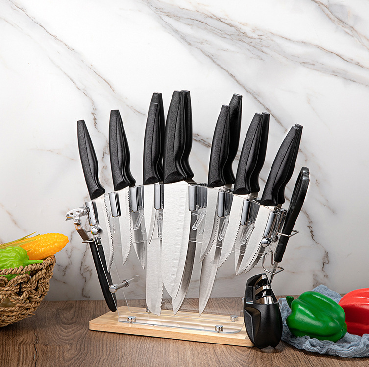 Multifunctional Cheap 17 Pcs Stainless Steel Manual Sharpener Stone And Scissor Kitchen Knife Set with Rack
