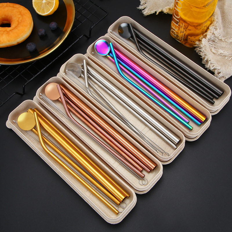 Reusable travel portable colorfull metal 304 stainless steel cocktail spoon and drinking straw set with case