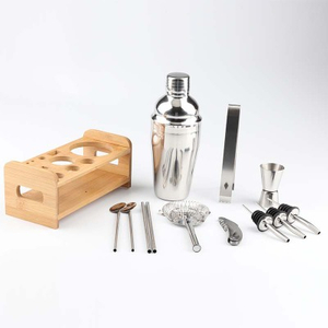 750ml Stainless Steel Cocktail Shaker Set with Bamboo Wooden Stand Base