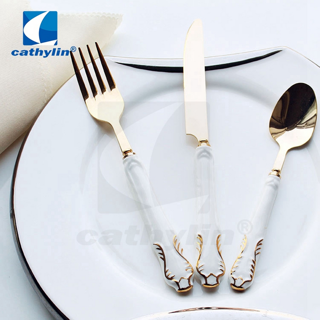 Cathylin Inox Stainless Steel Gold Wedding Flatware Ceramic Handle Cutlery Sets With Fork Spoon And Knife
