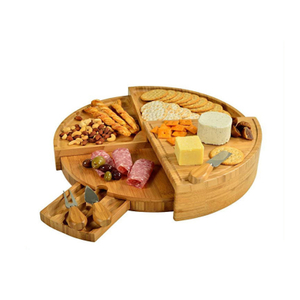 Round Slide Out Natural Bamboo Wood Cheese Board & Cutlery Set in Drawer