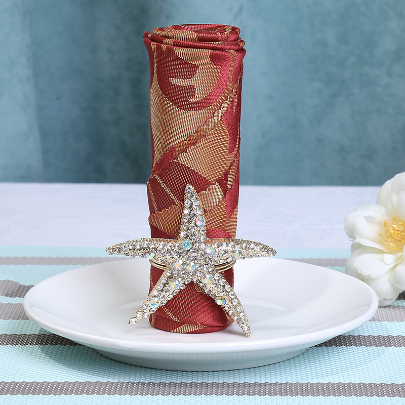 Wholesale Diamond Crystal Starfish Metal Mesh Gold Silver Plated Zinc Alloy Napkin Ring for Wedding Table Ribbon Gifts