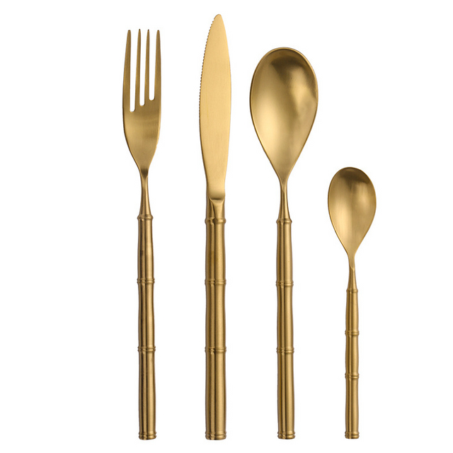 4 Pieces Bamboo Design Flatware Stainless Steel Knife Spoon Fork Set Matte Vintage Gold Coloured Coating Cutlery