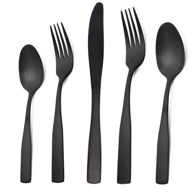 Amazon Hot Sale 5 Pcs Reusable Utensil Cutlery Fork Knife Spoon Metal Flatware Stainless Steel Black Cutlery Set
