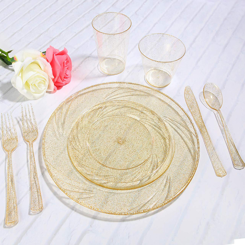 Disposable Flatware Silverware Glitter Gold Plastic Spoons Forks Plates And Knives Cutlery Set for Wedding Party Events