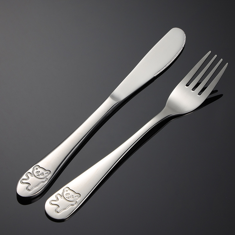 4 Pcs Set Animal Bear Flatware Stainless Steel Cutlery Set with Black Gift Box for Children Kid Baby