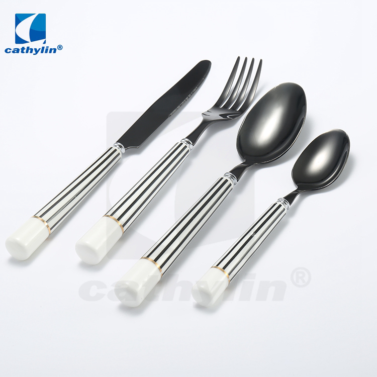 Cathylin Black And White Striped Porcelain Handle Flatware 18/10 Stainless Steel Cutlery Sets With Ceramic Handle