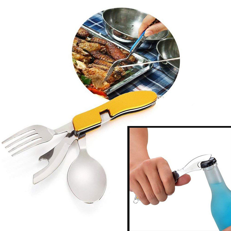 Stainless steel metal titanium foldable collapsable camping outdoor travel folding spork knife spoon fork bottle can opener