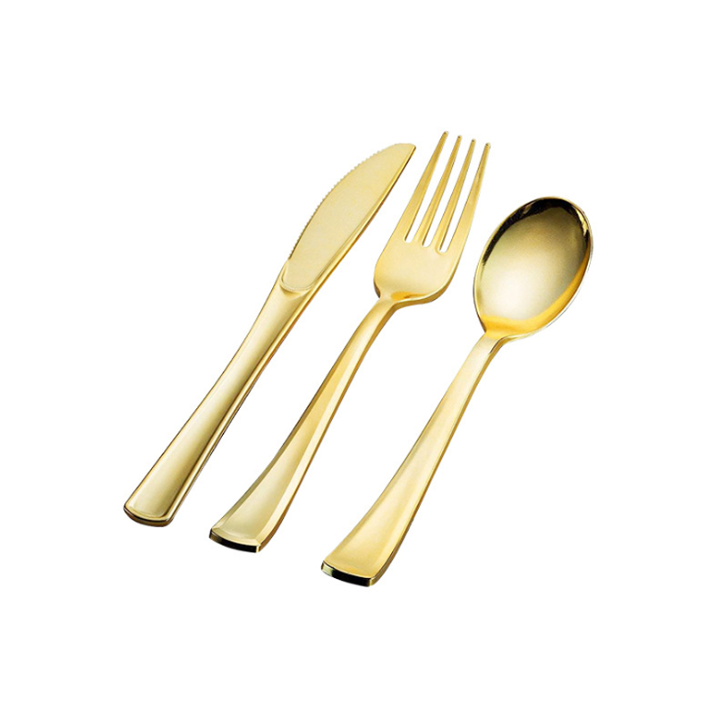 Ready to ShipIn Stock Fast Dispatch Disposable flatware silverware gold ps plastic spoons forks and knives cutlery kit with color box