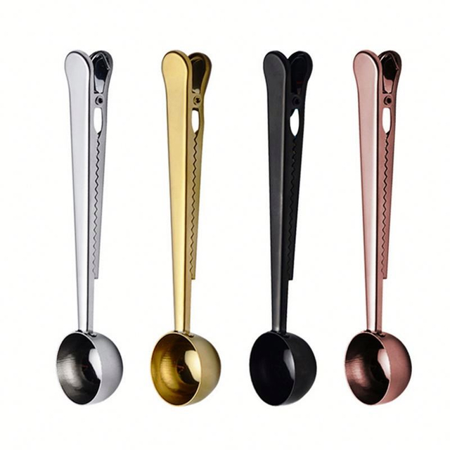 Metal gold copper brass product 304 stainless steel coffee bean measuring spoon/scoop with bag clip