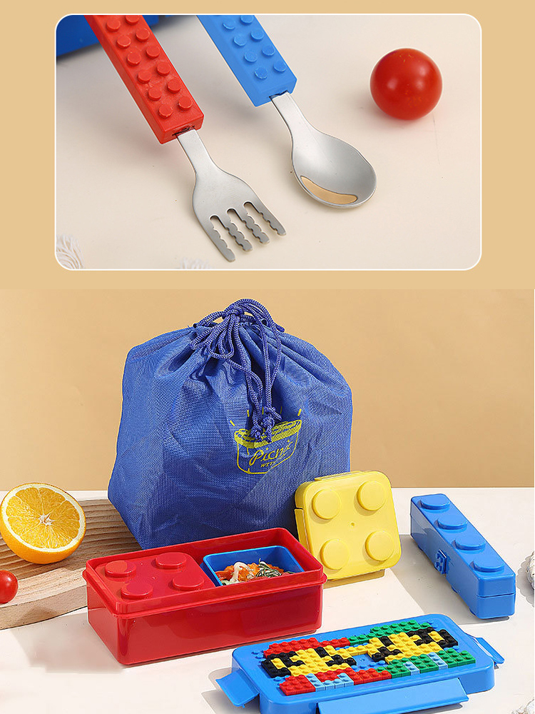 Plastic Pp Building Blocks Bento Box Cutlery Fork Spoon DIY Stackable Kids Lunch Box for Children