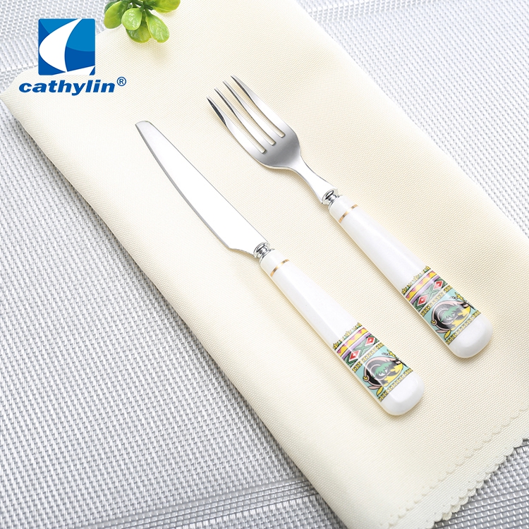 Cathylin flora ceramic handle stainless steel 18-10 dinner dessert silver spoon cutlery, flatware set