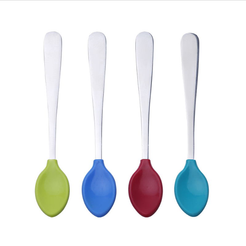 Silicon rubber head stainless steel handle teething infant baby feeding spoon kids childrens cutlery set 