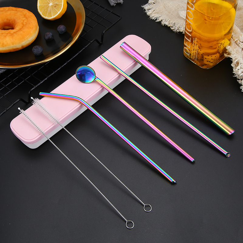 Travel Portable Metal 304 Stainless Steel Cocktail Spoon Drinking Straw with Case