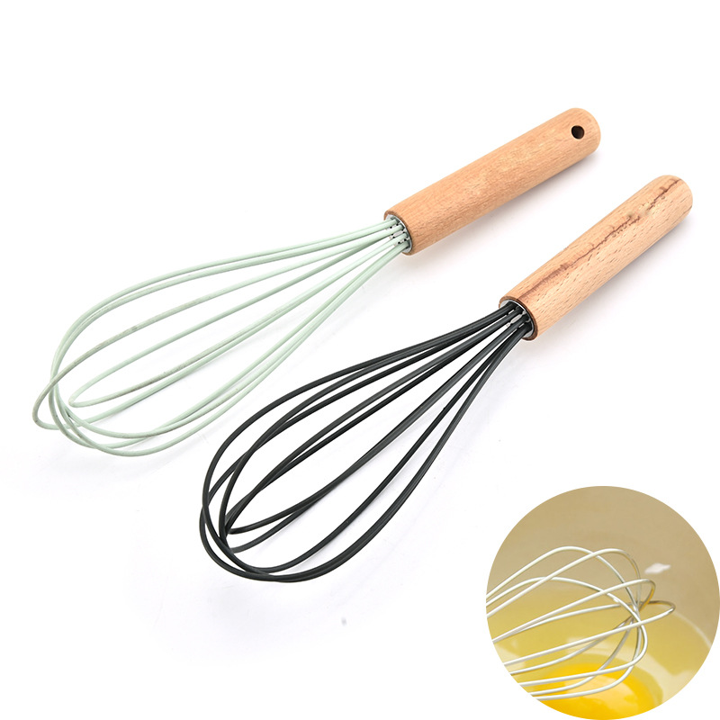 Silicone Stainless Steel Set Wood Handle Milk Whisk Mixer Egg Beater