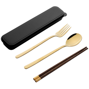Stainless Steel Portable Reusable Travel Gold Cutlery Chopstick And Spoon Fork Set with Black Box Case in Pouch