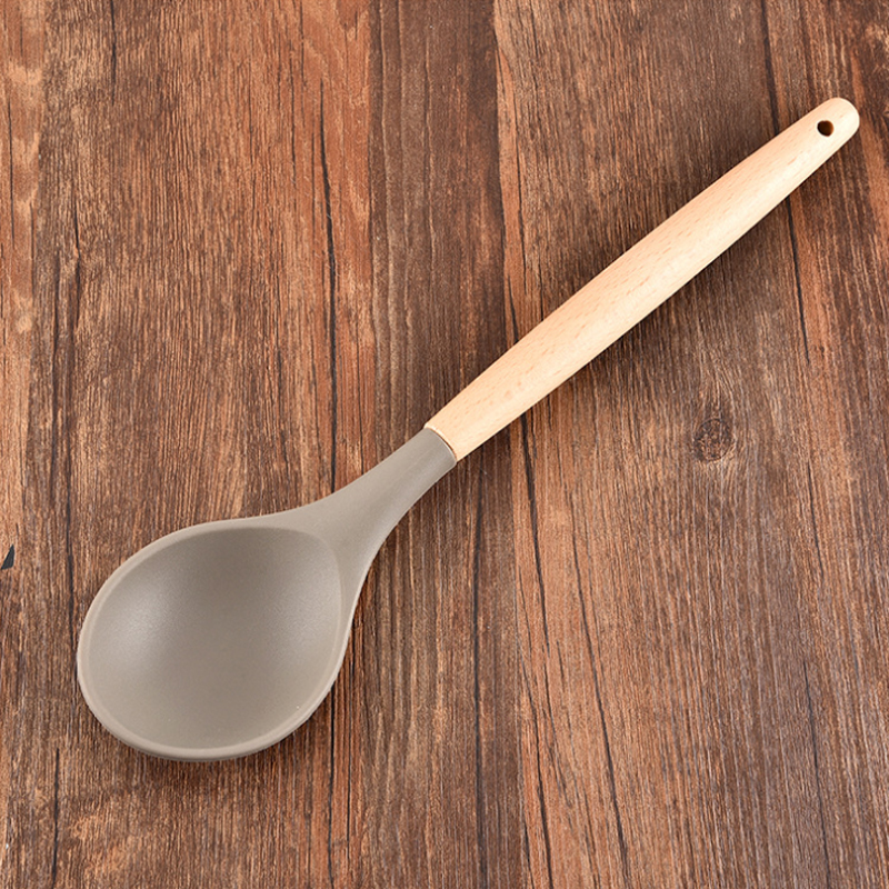 Large Silicone Rubber Beech Wood Spatula Spaghetti Serving Slotted Spoon with Long Acacia Wooden Handle
