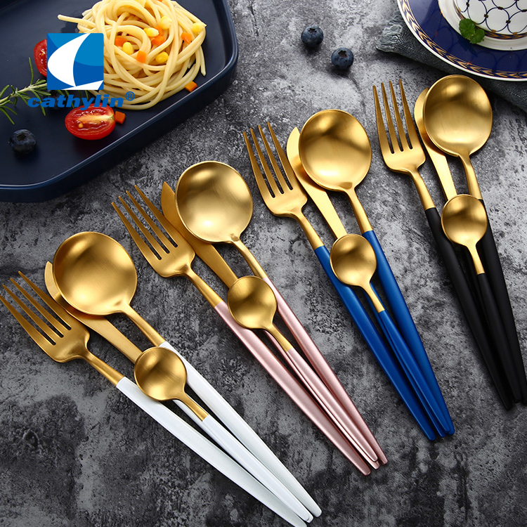 Cathylin wholesale bulk 18/10 stainless steel spoon fork knife with black white blue pink handle gold plated luxury flatware set 