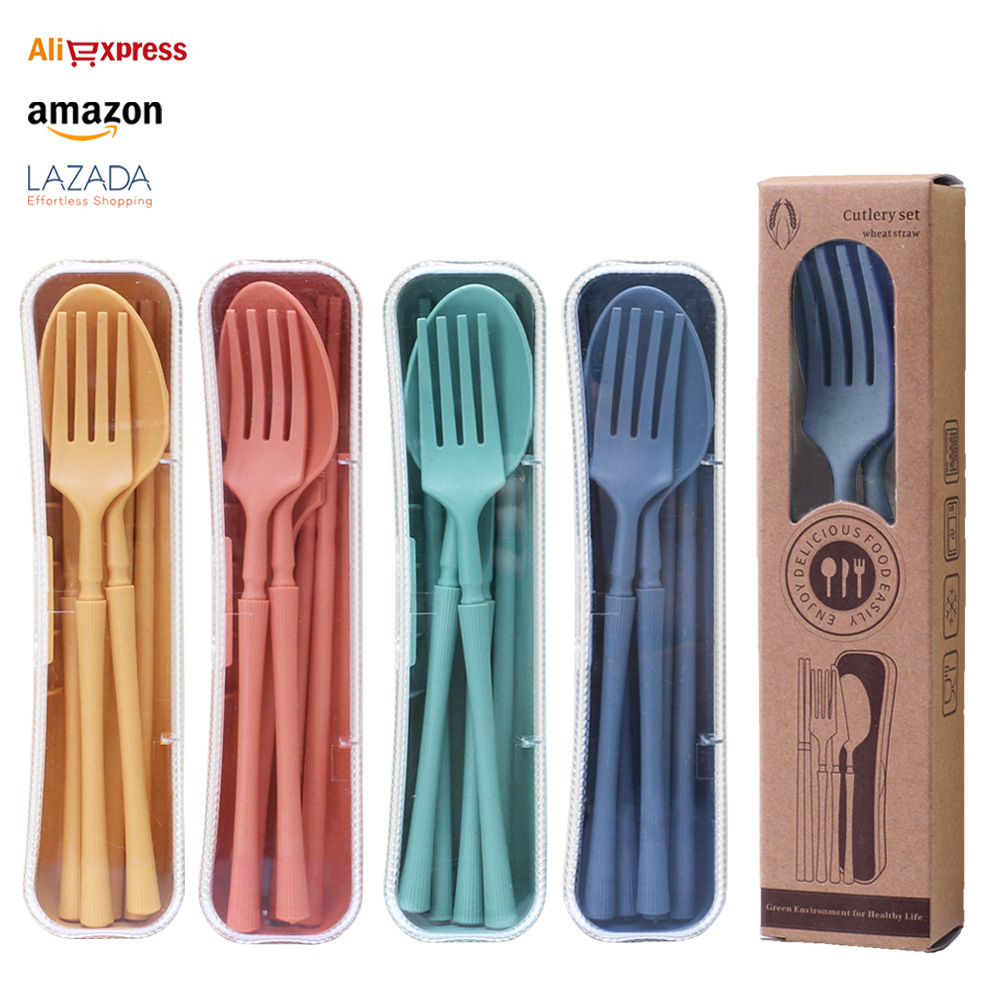 4 Pcs Plastic Wheat Straw Flatware Knife Fork Spoon Chopsticks Cutlery Set with Case