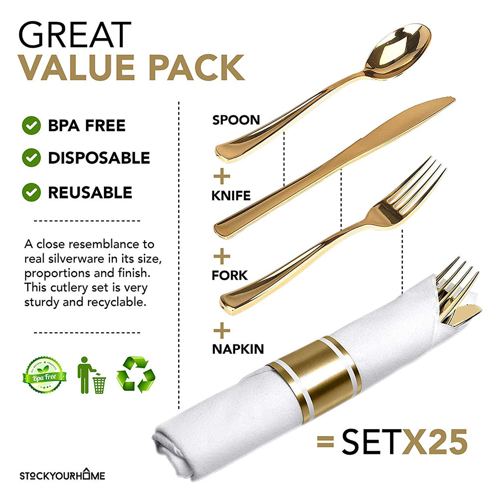 Silver Packet Sealed Wrapped Silverware Spoon Flatware Set Plastic Disposable Cutlery Kit with Napkin Tissue Wrap