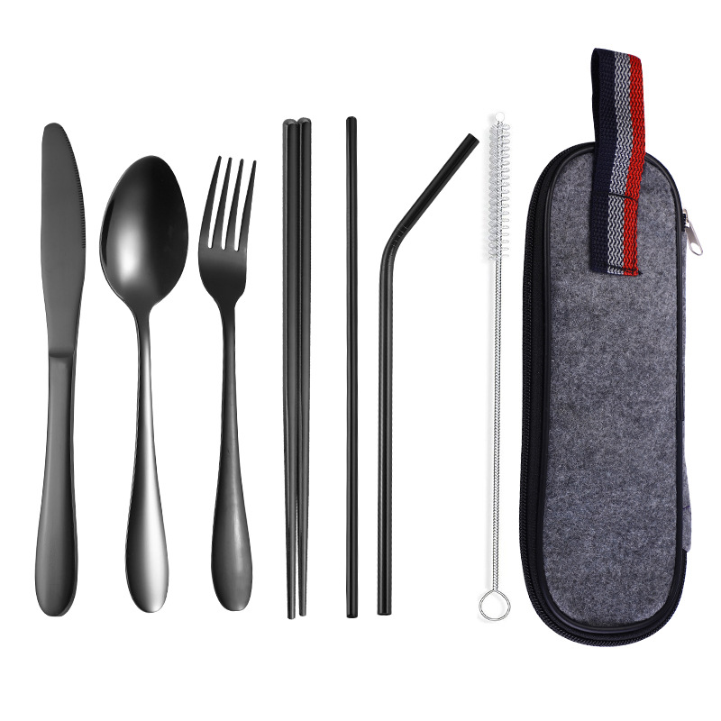 Personalized Logo Reusable Utensil Silverware Travel Camping Flatware Chopstick Stainless Steel Cutlery Set with Bag