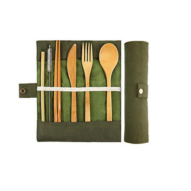 6pc Eco Friendly Portable Reusable Pocket Flatware 6 Pcs Camping Travel Bamboo Cutlery Set With Picnic Bag Package