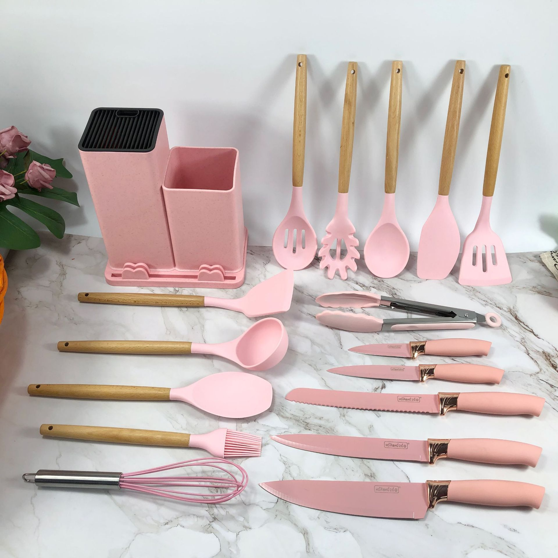 19-Piece Kitchen Gadget Tool Silicone Kitchen Utensil Set with Wooden Handle and Cuttings Board Storage Bucket