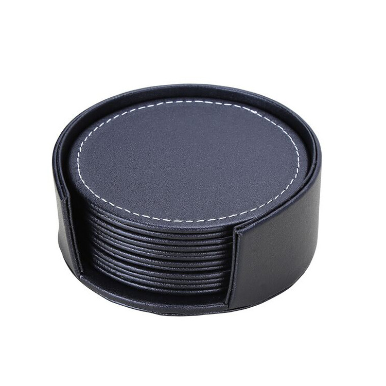 No Slip Rustic Round Shape Custom New Plain Beer Wine Bottle Cup Mat Pu Leather Coaster for Drink Beverage