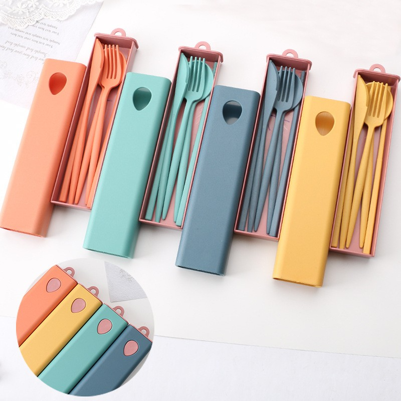 4 Pcs Colored Flatware Plastic Wheat Straw Knife Fork Spoon Chopsticks Cutlery Set with Case