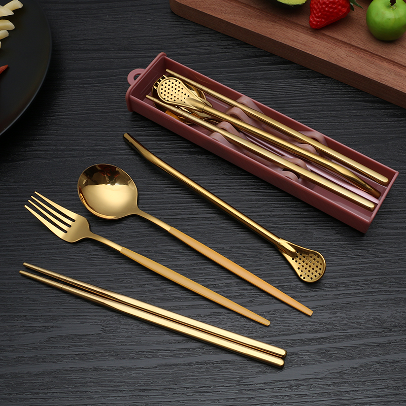 4 Pcs Colored Stainless Steel Flatware Straw Chopsticks Gold Cutlery Set with Case