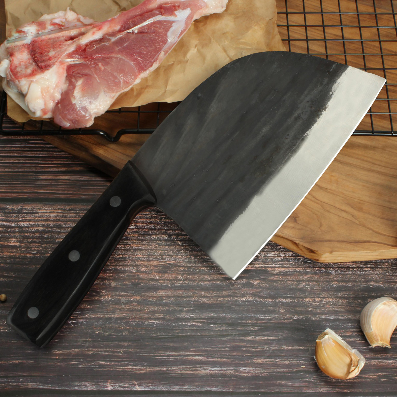Manufacturers Knives Big Boning Butcher Handmade Hammered Forged Kitchen Chef Knife Set with Leather Cover Sheath Scabbard