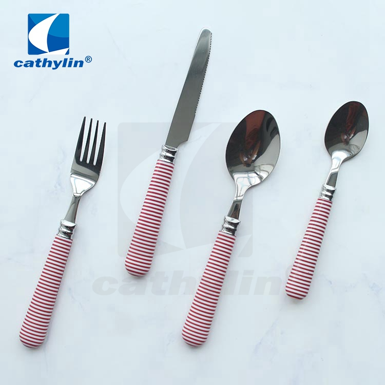 Cathylin Mirror Polish Flatware Stainless Steel Cutlery Set With White And Red Plastic Handle For Gift