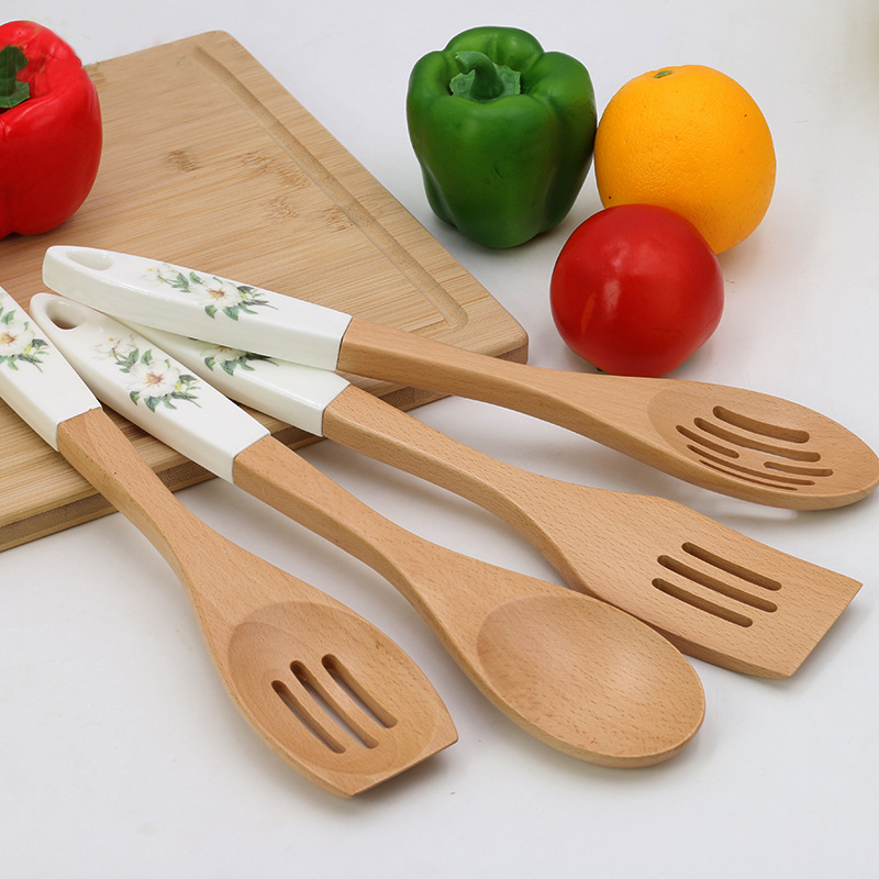 Personalize Bulk Big Large Novelty Beech Wood Utensil Set Natural Wooden Cooking Spoon with Printed Ceramic Handle