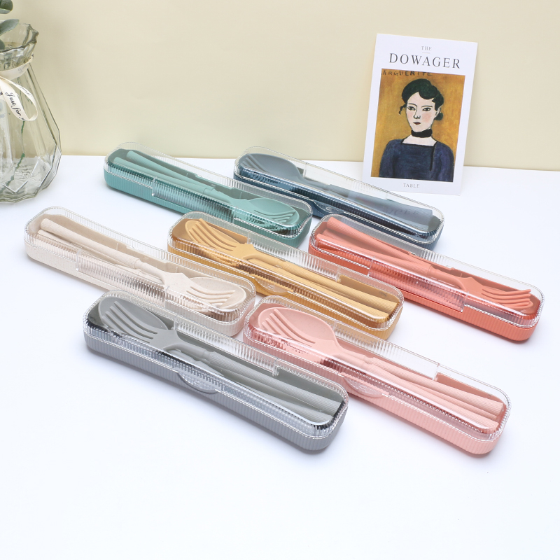 4 pcs plastic wheat straw flatware knife fork spoon chopsticks cutlery set with clear case