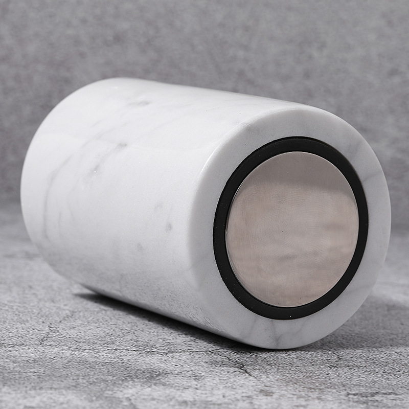 Luxury Cylindrical White Marble Storage Box Toothpick Holder With Press Metal Button Lid