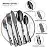 5 Pcs Spoon Fork Knife Set Stainless Steel Flatware Gold Black Cutlery with Flower Handle