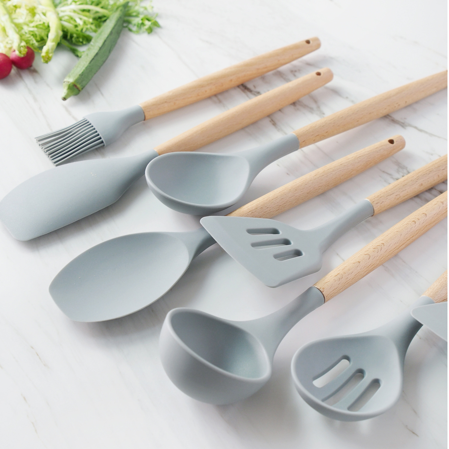 Beech wood utensil serving spaghetti slotted spatula silicone cooking spoon set with wooden long handle holder for kitchen